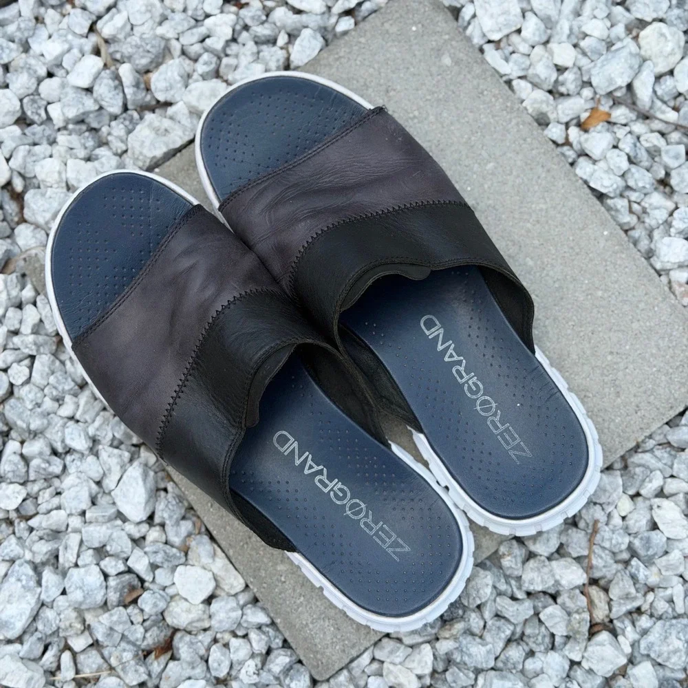 Cole Haan Zerogrand Mens 12M Leather Slide Black Grey Sandals Casual Comfort